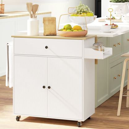Rolling Kitchen Island with Drop Leaf and Drawer - White