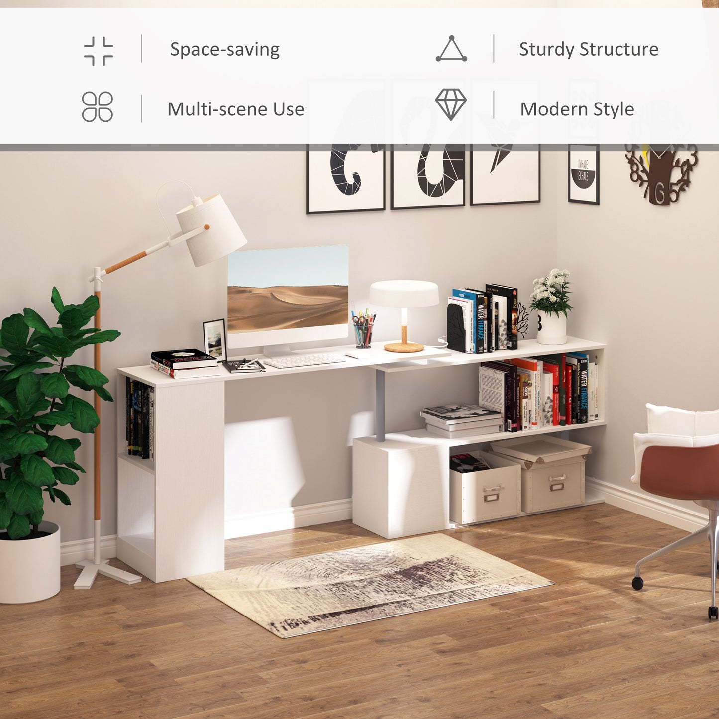 55" Corner Computer Desk, 360° Rotating L-Shaped Desk, Home Office Workstation with 3-Tier Shelves, White