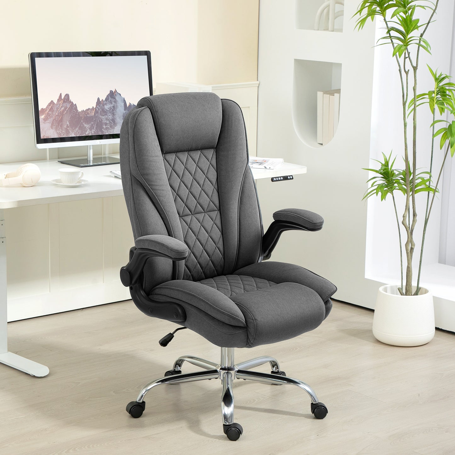 Executive Office Chair, Desk Chair with Flip-up Armrest, Diamond Fabric Computer Chair for Home Office, Dark Grey