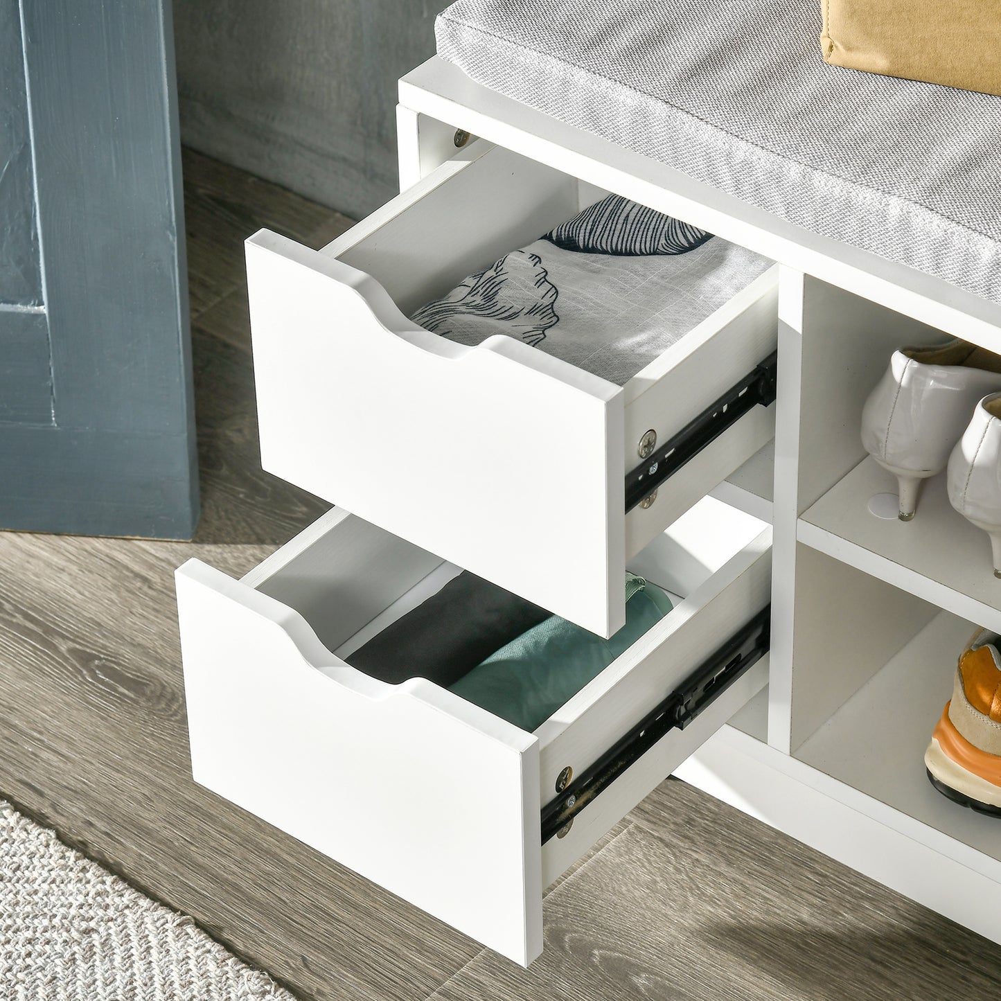 Upholstered Shoe Storage Bench w/ Seat, Entrance Bench w/ Drawer Open Shelves and Pocket for Hallway, White