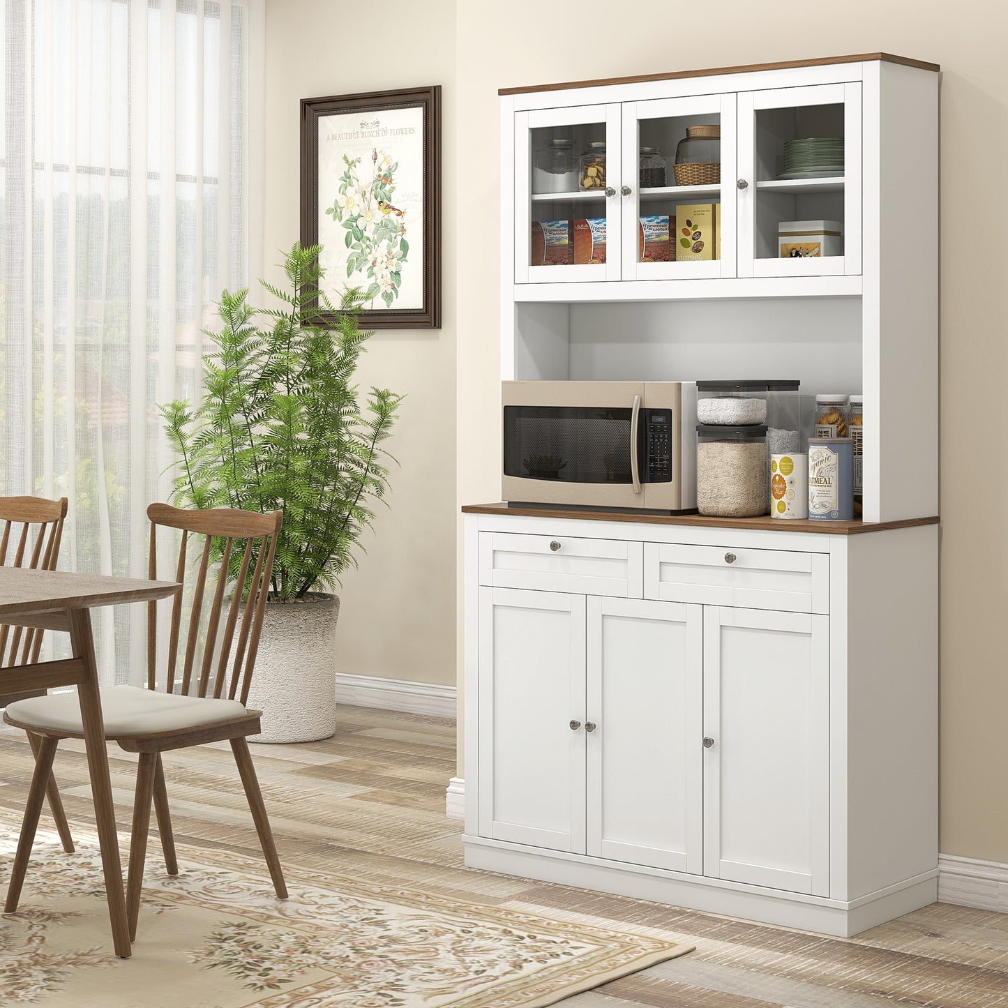 71" Pantry Cabinet with Microwave Space, Buffet with Hutch, 2 Drawers, Adjustable Shelves and Glass Doors, White