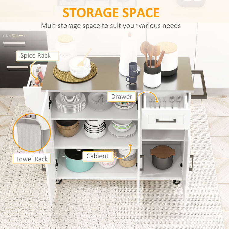 Rolling Kitchen Island with Stainless Steel Top - White