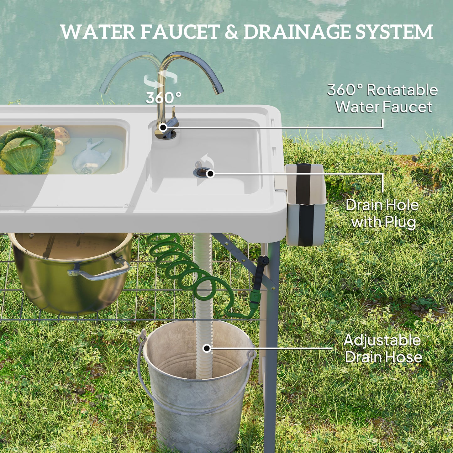Folding Fish Cleaning Table with Sinks, Camping Sink with Faucet Drainage Hose Sprayer Shelf Drawer Storage Basket, Outdoor Sink Station for Beach Patio Picnic, White