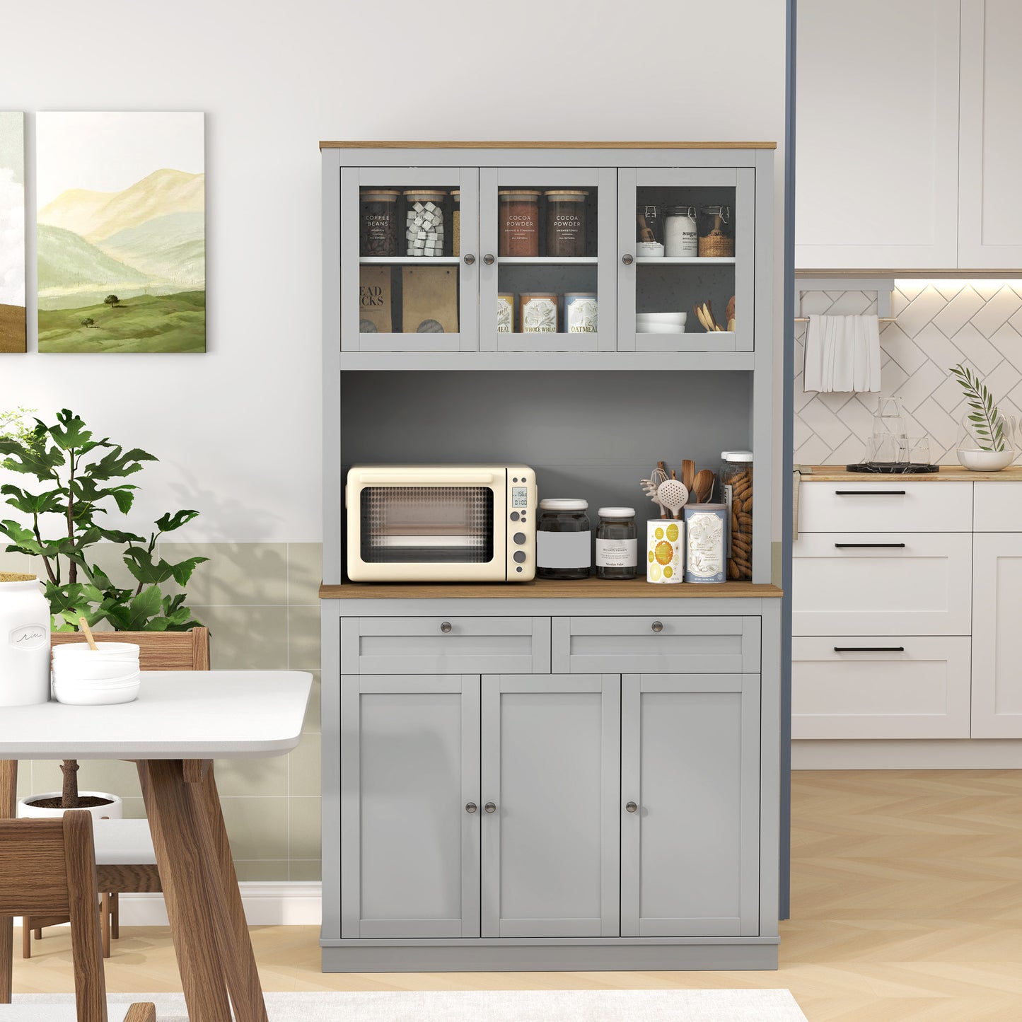 71" Pantry Cabinet with Microwave Space, Buffet with Hutch, 2 Drawers, Adjustable Shelves and Glass Doors, Grey