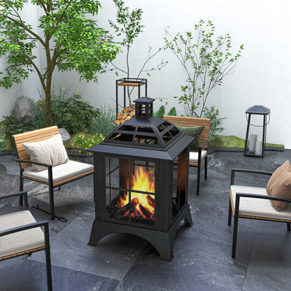 Black 28" Chimney-Style Wood-Burning Fire Pit with Poker