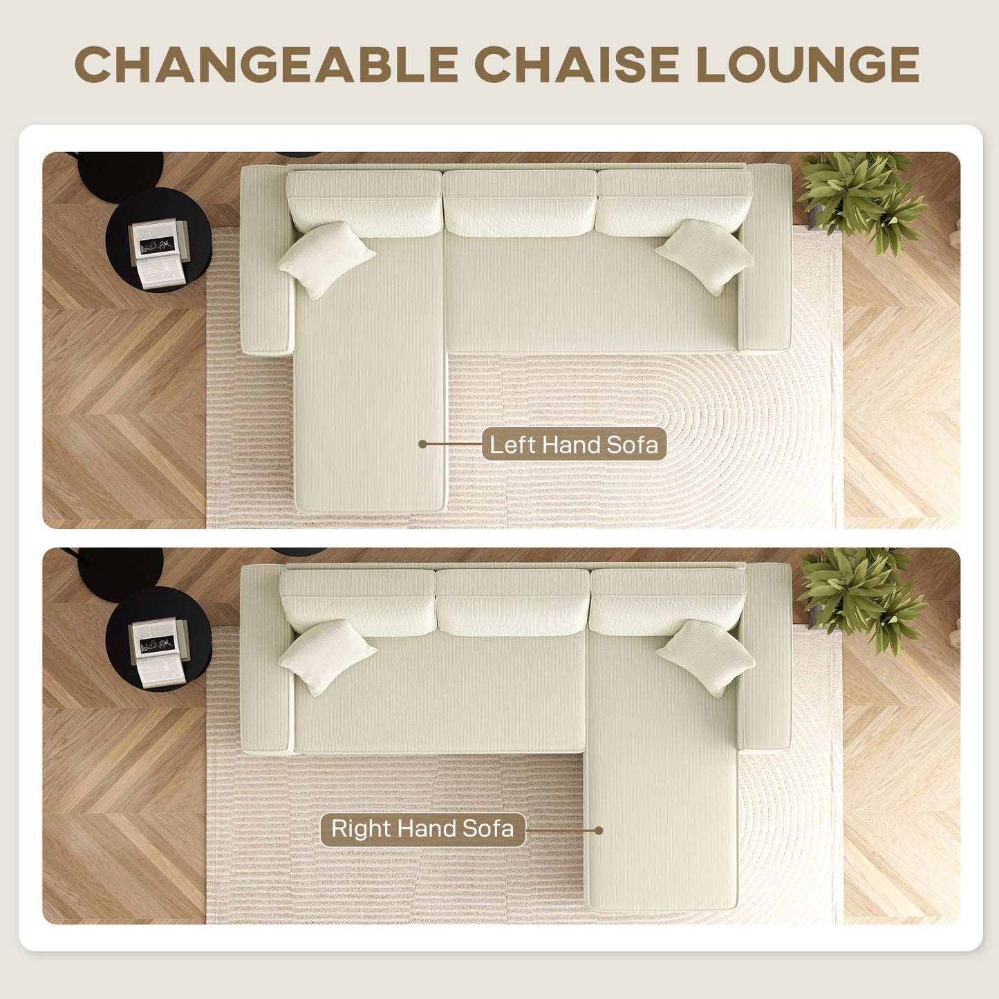 Corduroy L-Shape Corner Sectional Sofa - Cream White