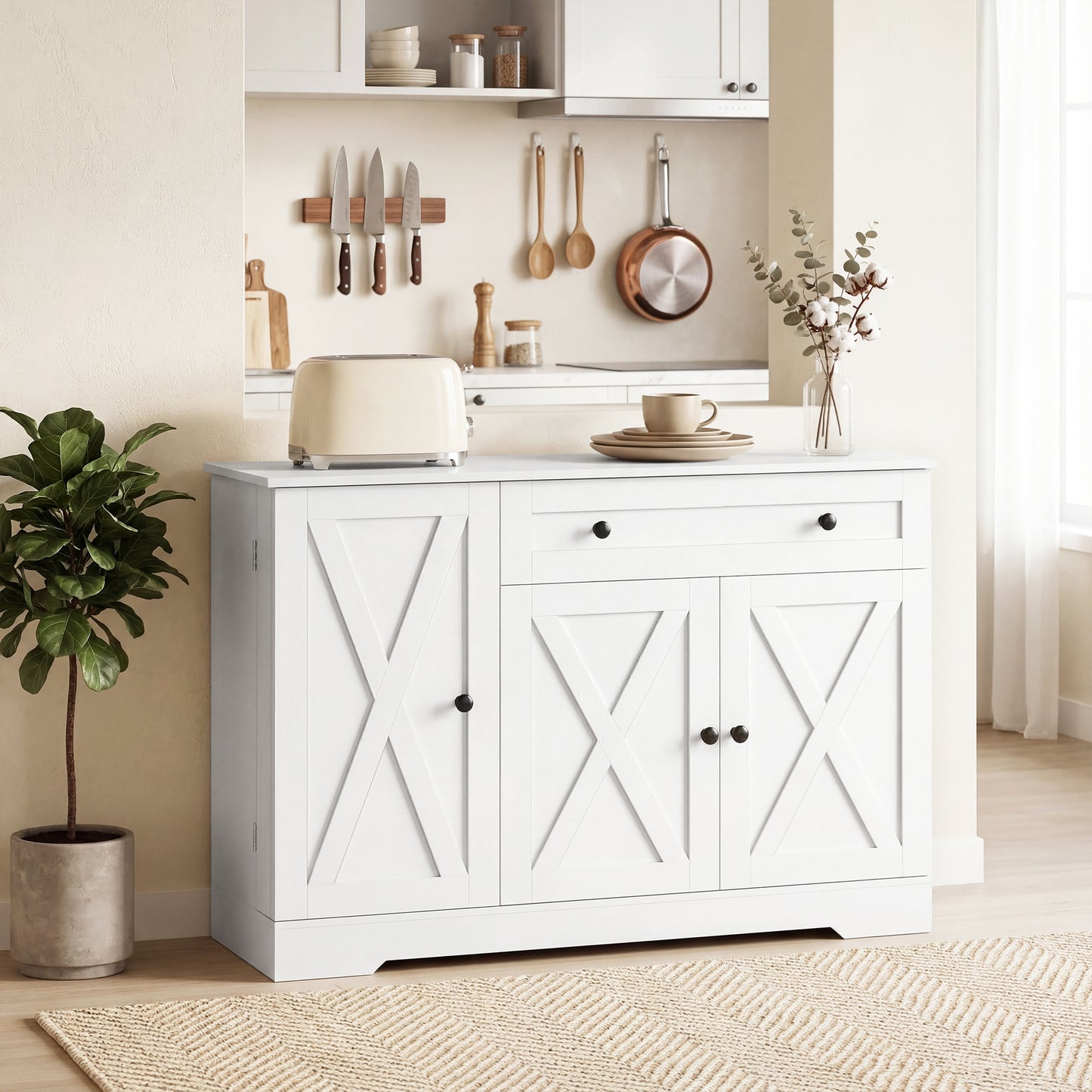 Sideboard Buffet Cabinet, Farmhouse Coffee Bar Cabinet with Door Shelves, Adjustable Shelves, Drawer, Barn Doors, White