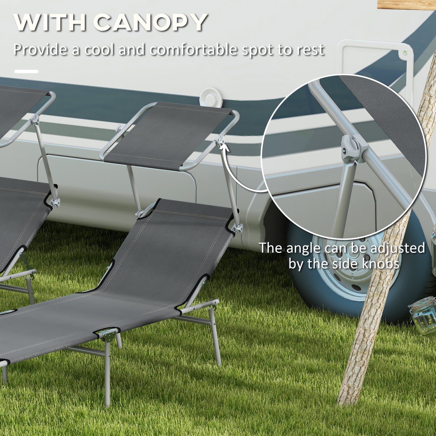 2Pcs Outdoor Lounge Chair, Adjustable Folding Chaise Lounge with Sun Shade for Beach, Camping, Hiking, Grey
