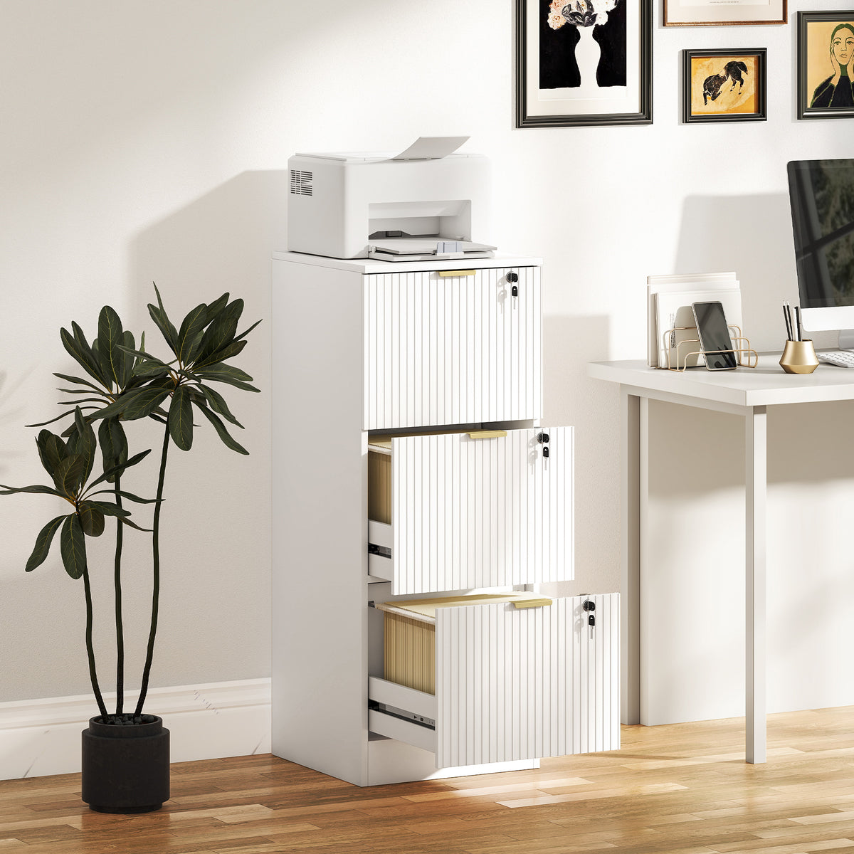 Lockable Filing Cabinet with 3 Fluted Drawers, File Cabinet with Adjustable Hanging Rails for A4 Letter Files, White