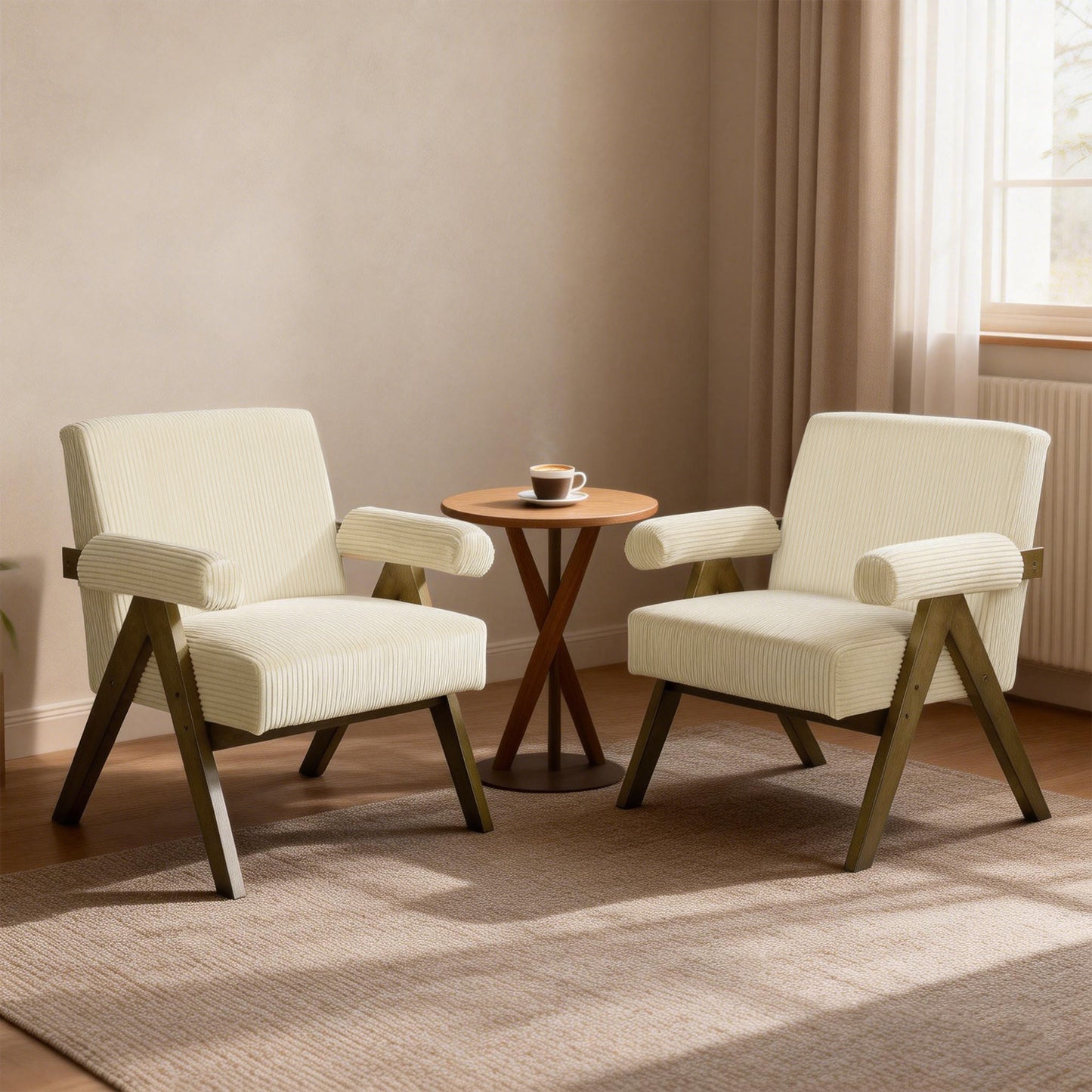 Corduroy Accent Chair Armchair with Wide Seat and Soft Padded Armrests for Reading, Bedroom, Beige