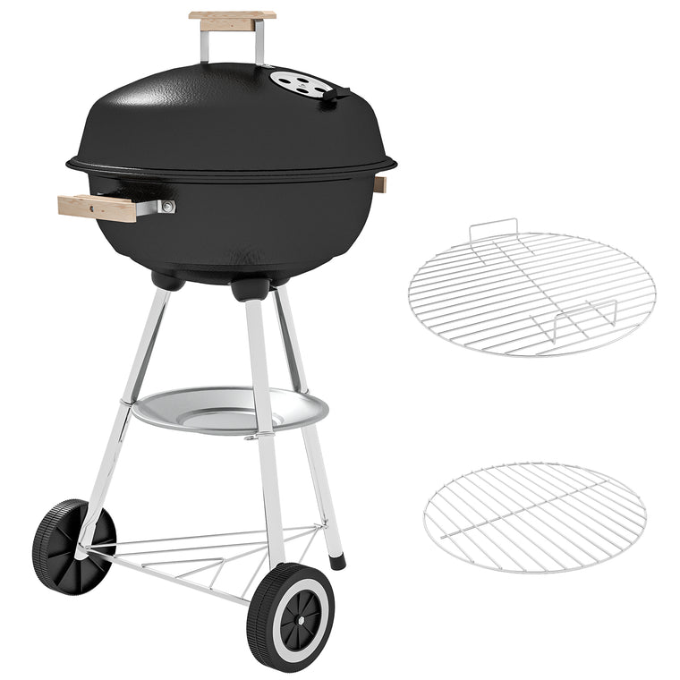 Black Portable Steel Charcoal BBQ Grill with Lid & Storage Shelf