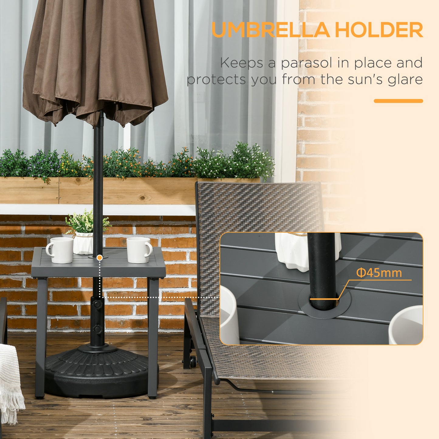 Outdoor Side Table, Patio End Table with Umbrella Hole, Small Coffee Table with Steel Frame for Balcony, Black