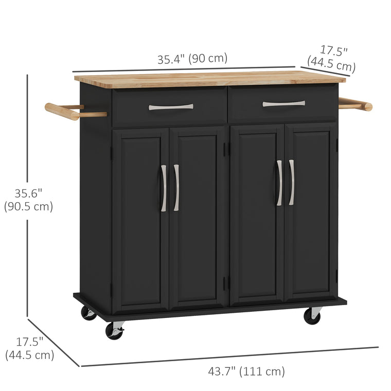 Kitchen Island with Rubberwood Top and 2 Drawers - Black