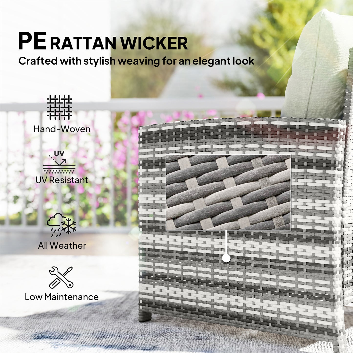 5 Piece Patio Furniture Set, Wicker Patio Chairs with Ottomans, 2-Tier Glass Coffee Table and Cushions, Grey/Cream White