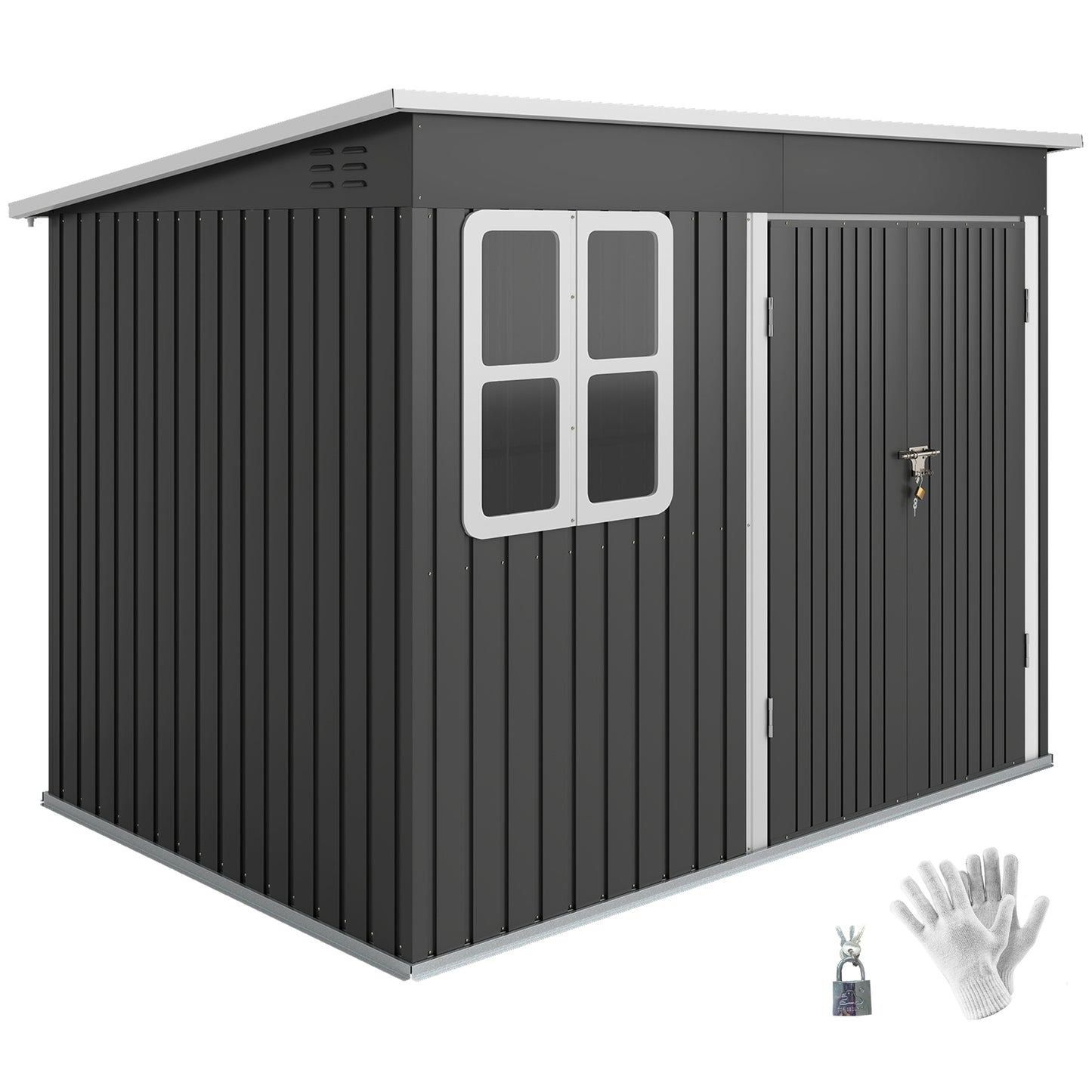 8.5' x 6' Galvanised Steel Outdoor Storage Shed, Garden Shed with Window, Lockable Wide Doors and Air Vents, Dark Grey
