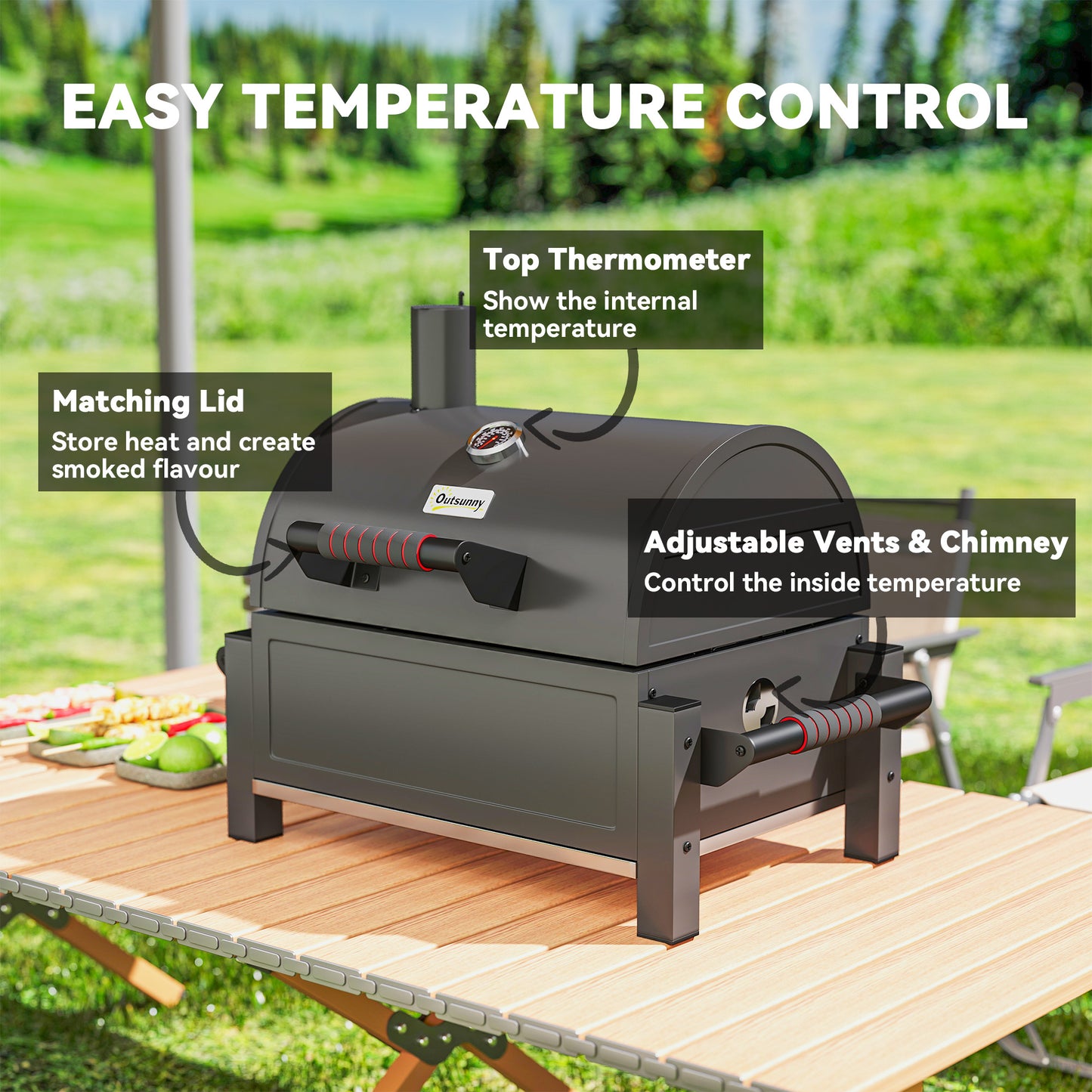 Tabletop Charcoal Smoker, Portable BBQ with Ash Catcher and Thermometer for Backyard, Camping, Picnic, Black