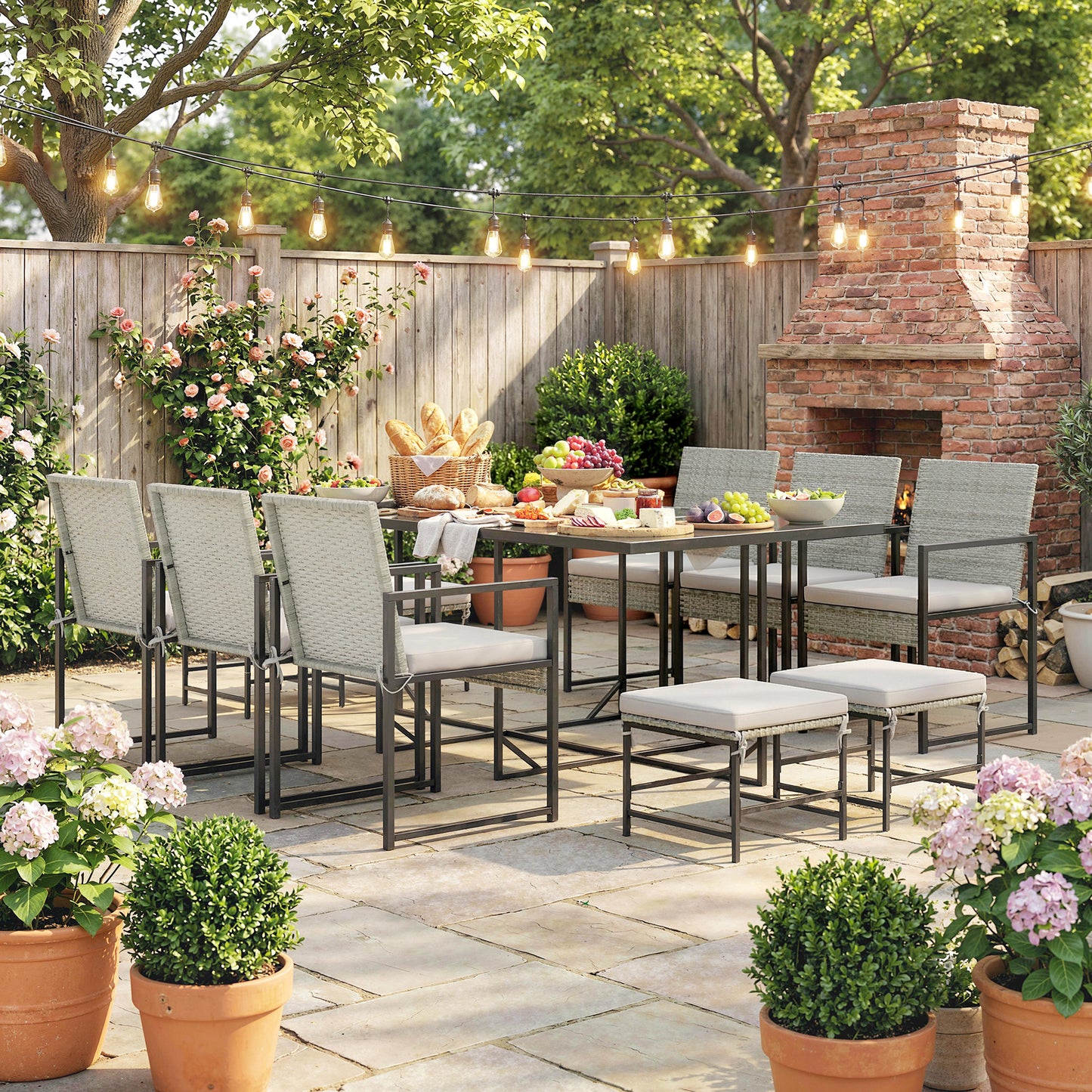 11 Pieces Wicker Patio Dining Set, Rattan Outdoor Furniture Set with 6 Armchairs, 4 Stools, Light Grey