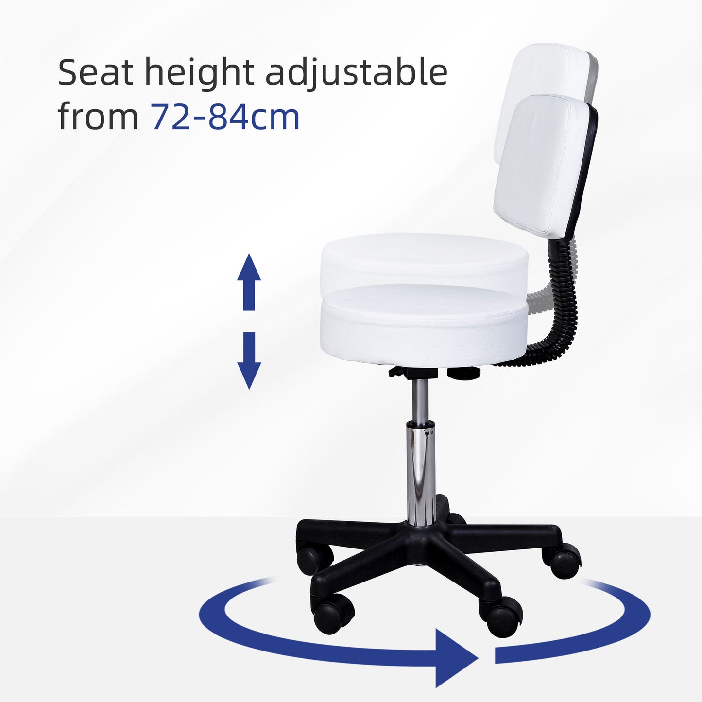 Rolling Stool with Wheels, Swivel Stool with Back Support, Adjustable Height, PU Leather Drafting Chair for Home Office, White