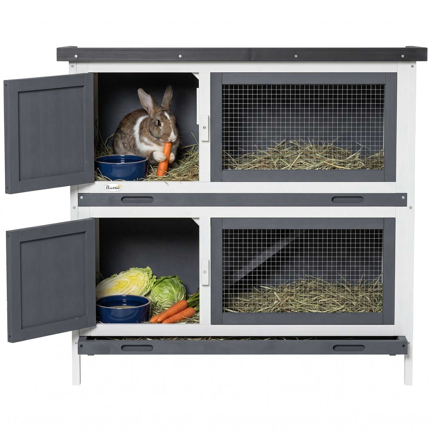 Wood Rabbit Hutch with 2 Large Main House, Ramp, Trays, Grey