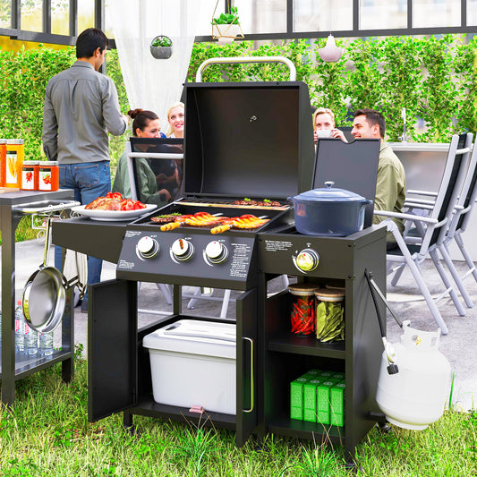 3 Burner Gas Grill with Side Burner, 9.5 KW Propane BBQ Grill, Cabinet Style with Shelves, Wheels, Instant Ignition