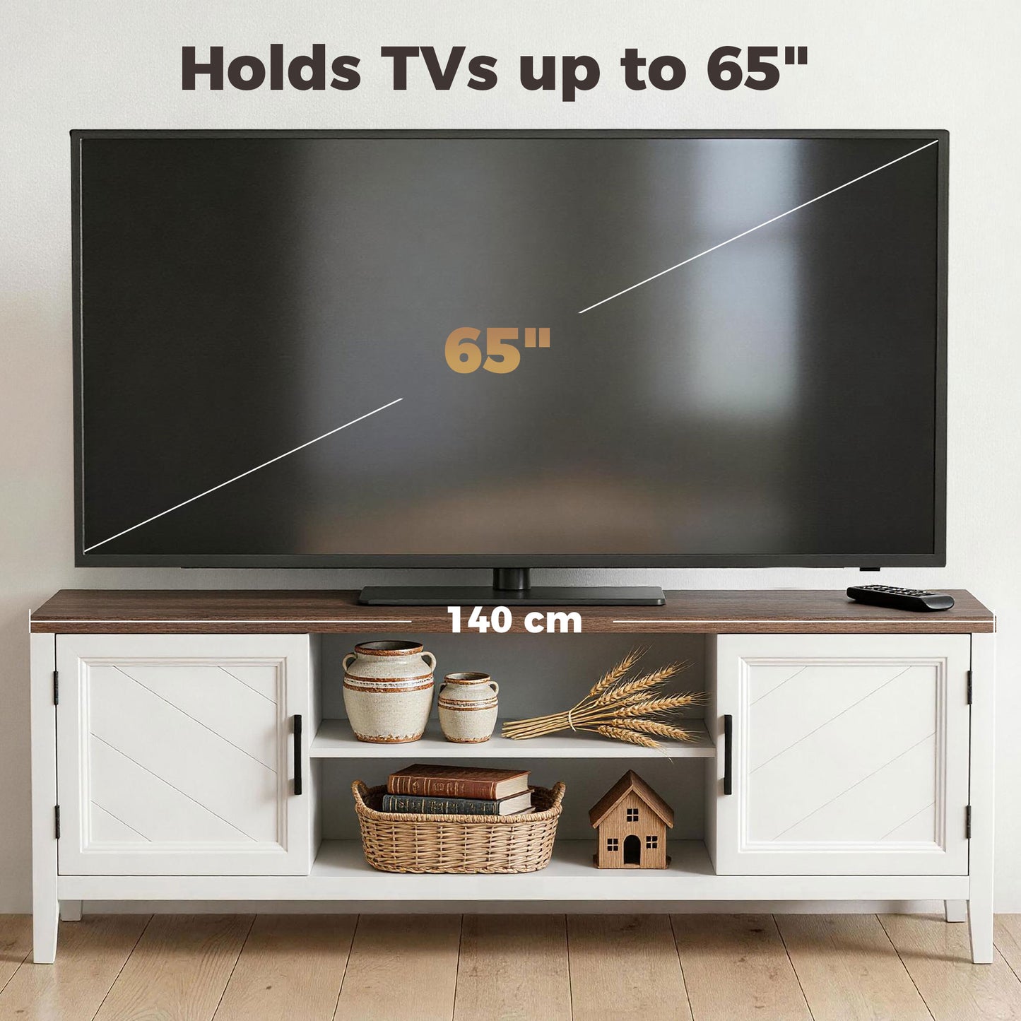 TV Stand for TVs up to 65 Inch, Entertainment Center with 2 Open Shelves, 2 Cabinets, Thick Top, White and Brown
