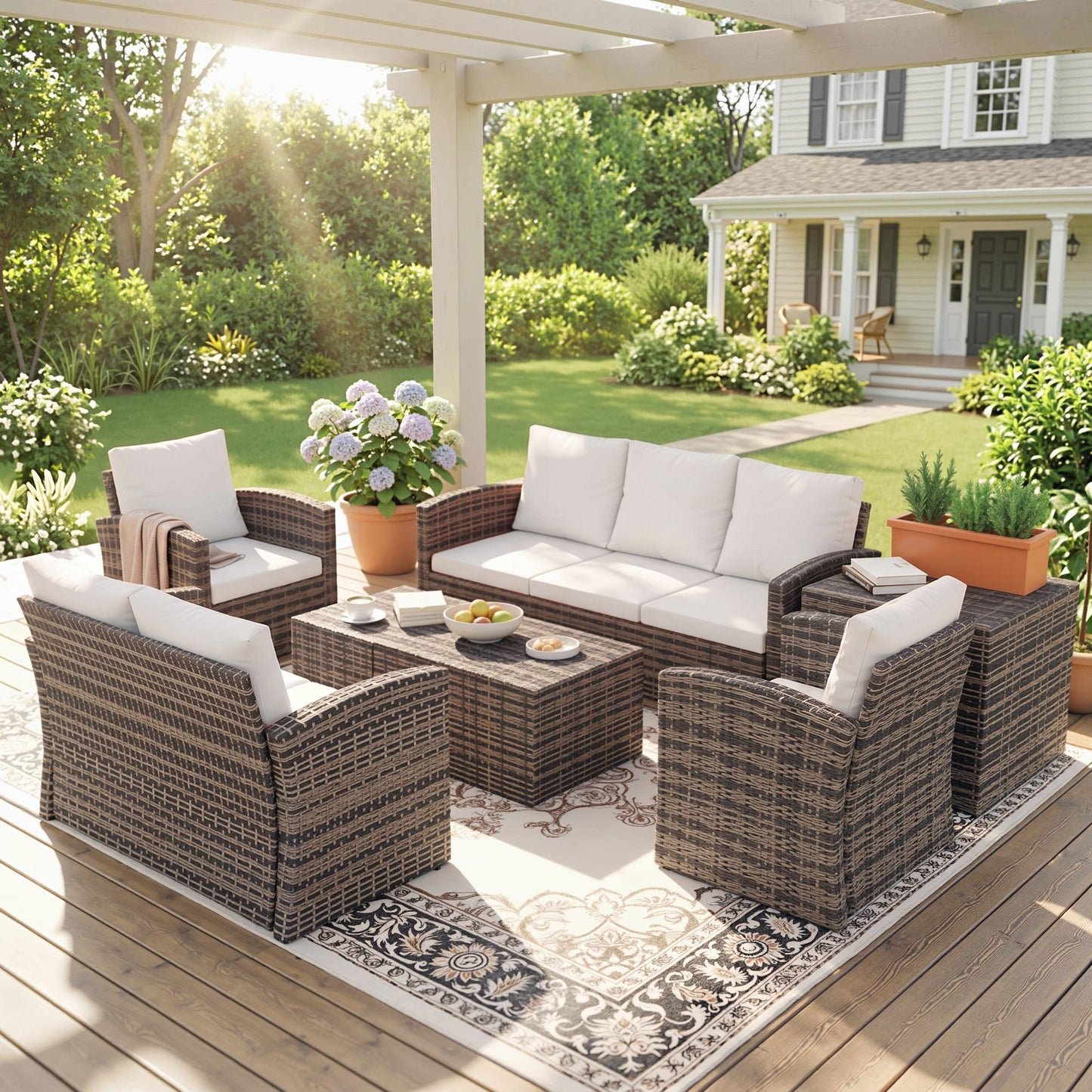 6 Pieces Wicker Patio Furniture Set with Cushions, 7-Seater Rattan Patio Sofa Set with Storage Table, Black - Cream White