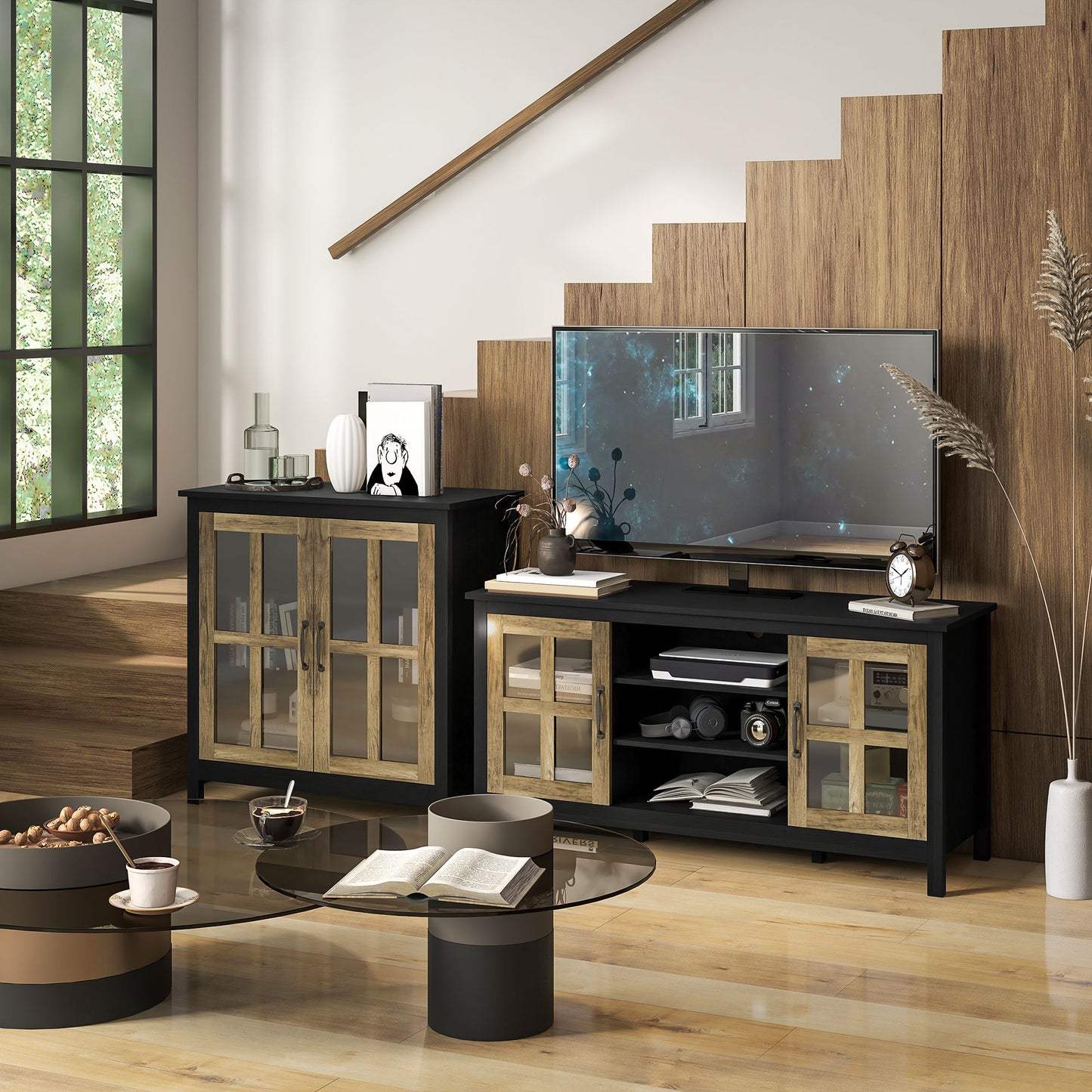 TV Stand for TVs up to 55 Inches, TV Cabinet with Adjustable Shelves and Cable Holes, TV Bench for Living Room, Black