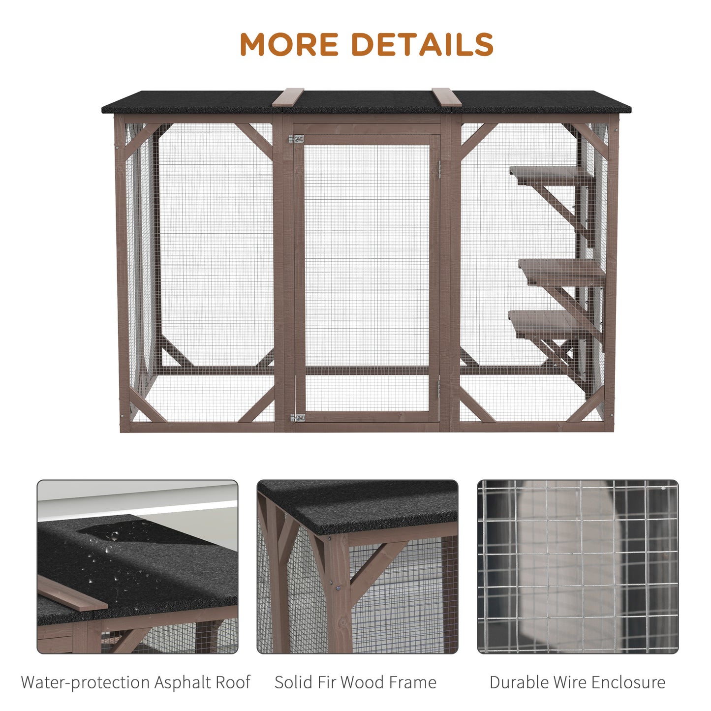 71"L Catio Outdoor Cat Enclosure, Indoor Cat Cage, Pet House, Small Animal Hutch for 1-2 Rabbit, Kitten, Kitty Crate Kennel w/ Waterproof Roof, Multi-Level Platforms, Brown