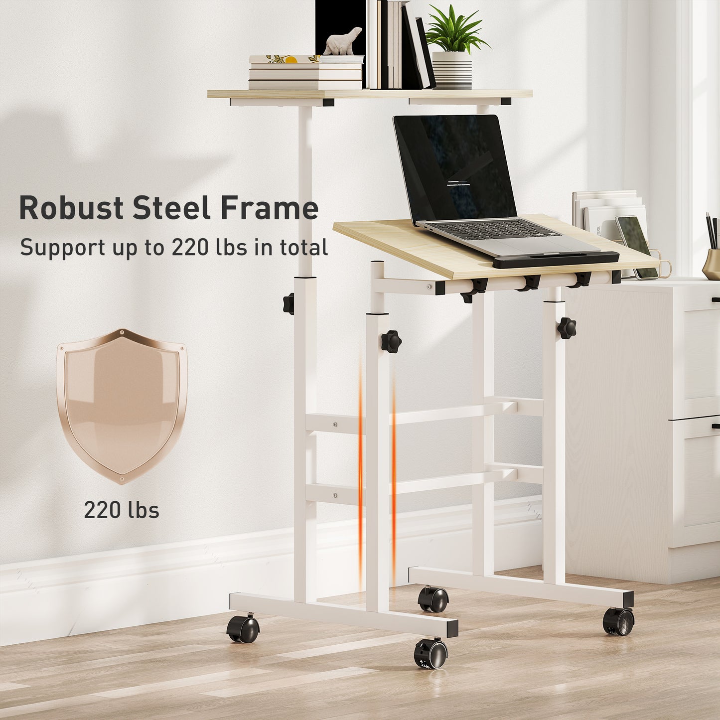 Stand Up Desk, Height & Angle Adjustable Computer Desk with Wheels for Standing or Sitting, Laptop Table, Natural