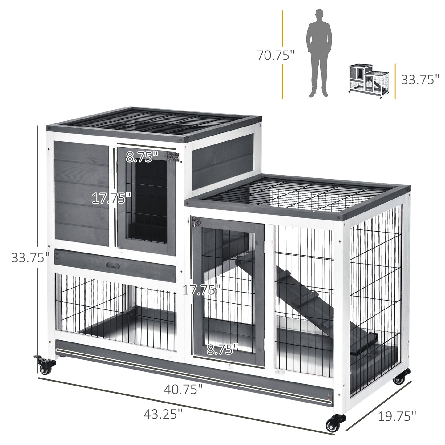 Wooden Rabbit Hutch, Indoor Bunny Cage with Wheels, Pull Out Trays, Run, Grey