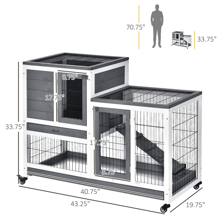Grey Wooden Rabbit Hutch with Wheels & Pull Out Trays