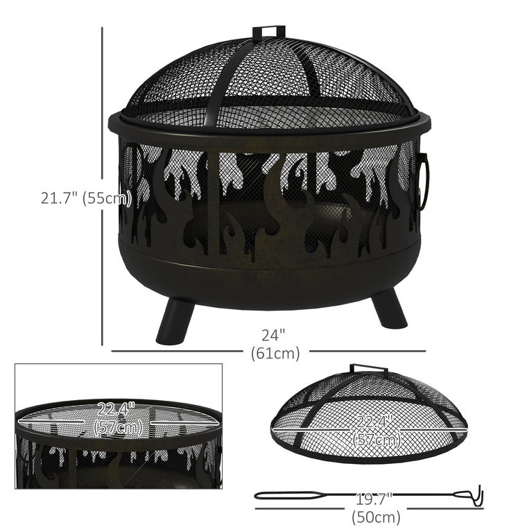 Black 24" Round Metal Fire Pit with Grill Lid & Poker