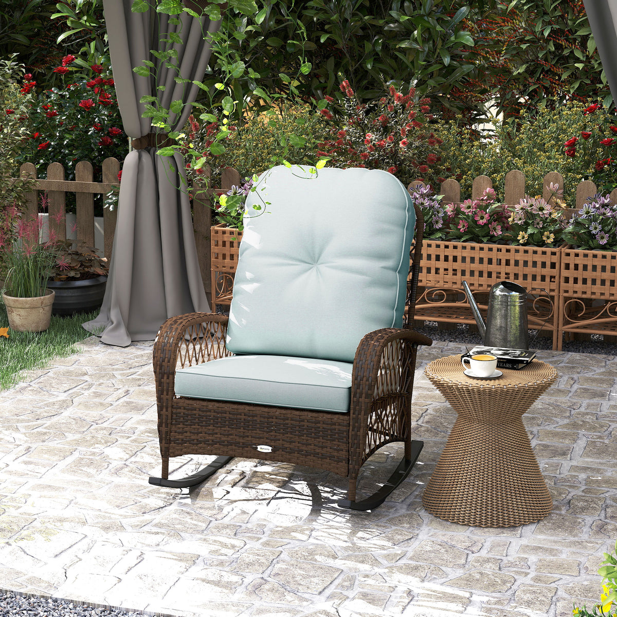 Outdoor Wicker Rattan Rocking Chair Patio Rocker with Thick Cushions for Garden Backyard Porch, Light Green