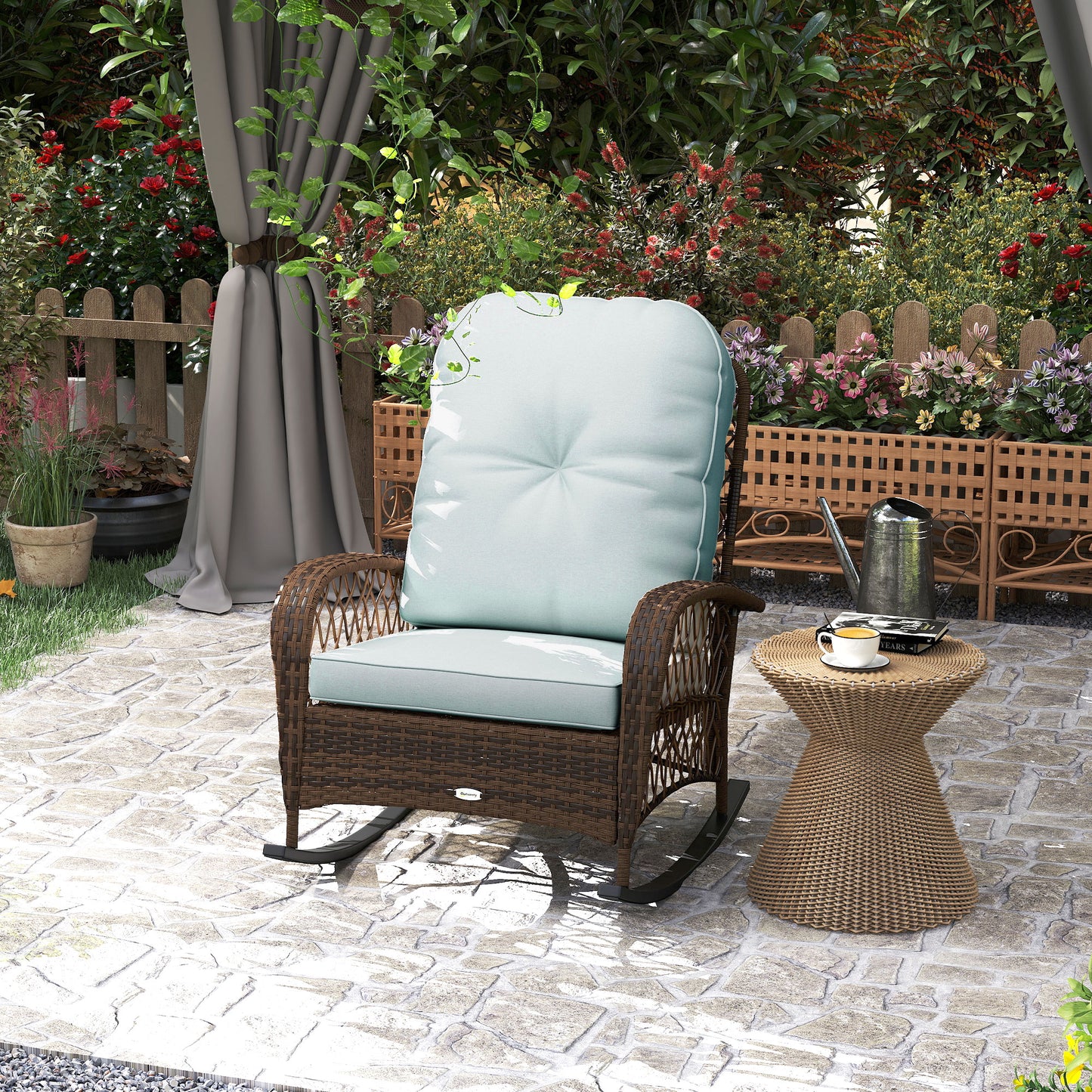 Outdoor Wicker Rattan Rocking Chair Patio Rocker with Thick Cushions for Garden Backyard Porch, Light Green - Green