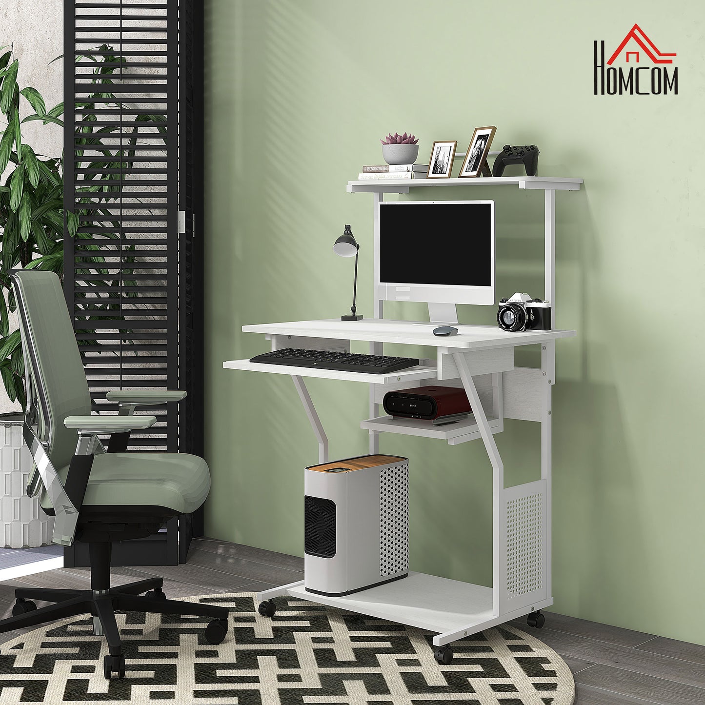 32" Mobile Computer Table, Rolling Study Desk for Home Office with Keyboard Tray, Storage Shelves, Wheels, White