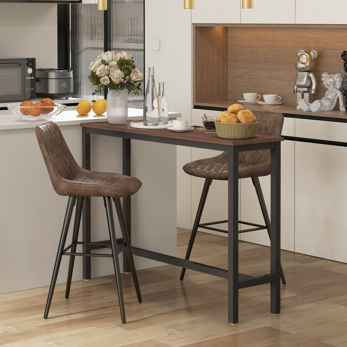 PU Leather Counter Height Bar Chairs Set of 2, 27.75" Bar Stools with Metal Legs for Dining Area, Kitchen Island, Brown