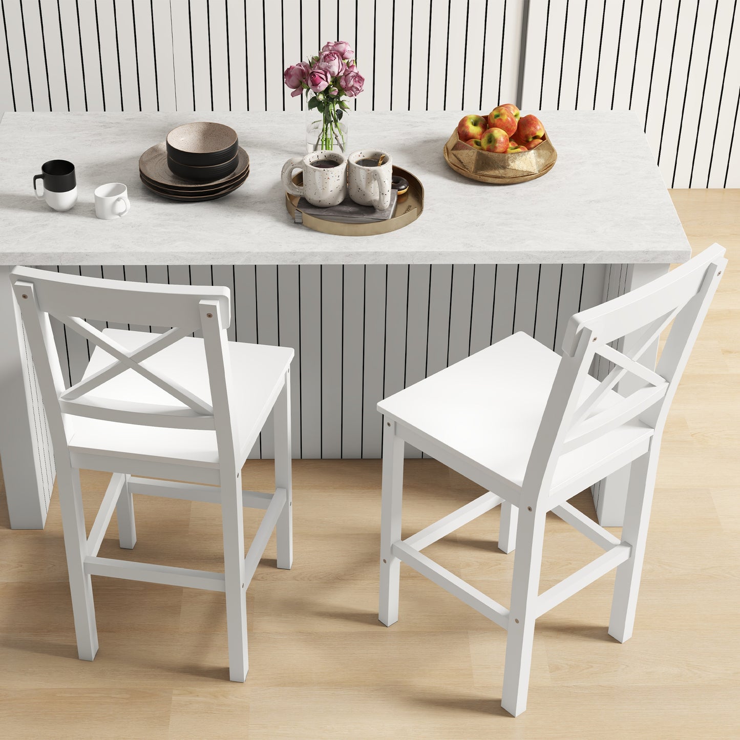 Counter Height Stools Set of 2, Farmhouse Bar Stools with Backs, Solid Wood Counter Stools for Kitchen Island White