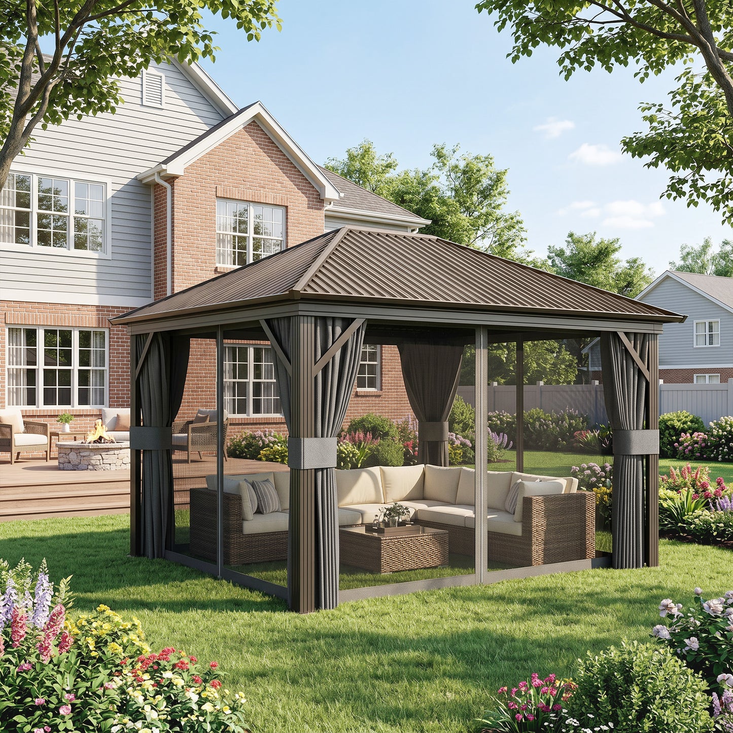 10' x 12' Outdoor Hardtop Gazebo Metal Roof Patio Gazebo with Aluminum Frame, Mesh Nettings, Dark Grey