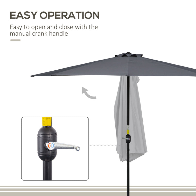 9.8ft Grey Half Round Parasol with Crank Handle & Top Vent