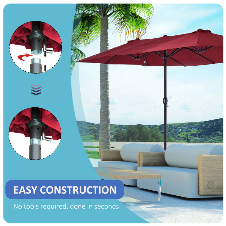 15ft Wine Red Double-Sided Umbrella with Twin Canopy & Crank