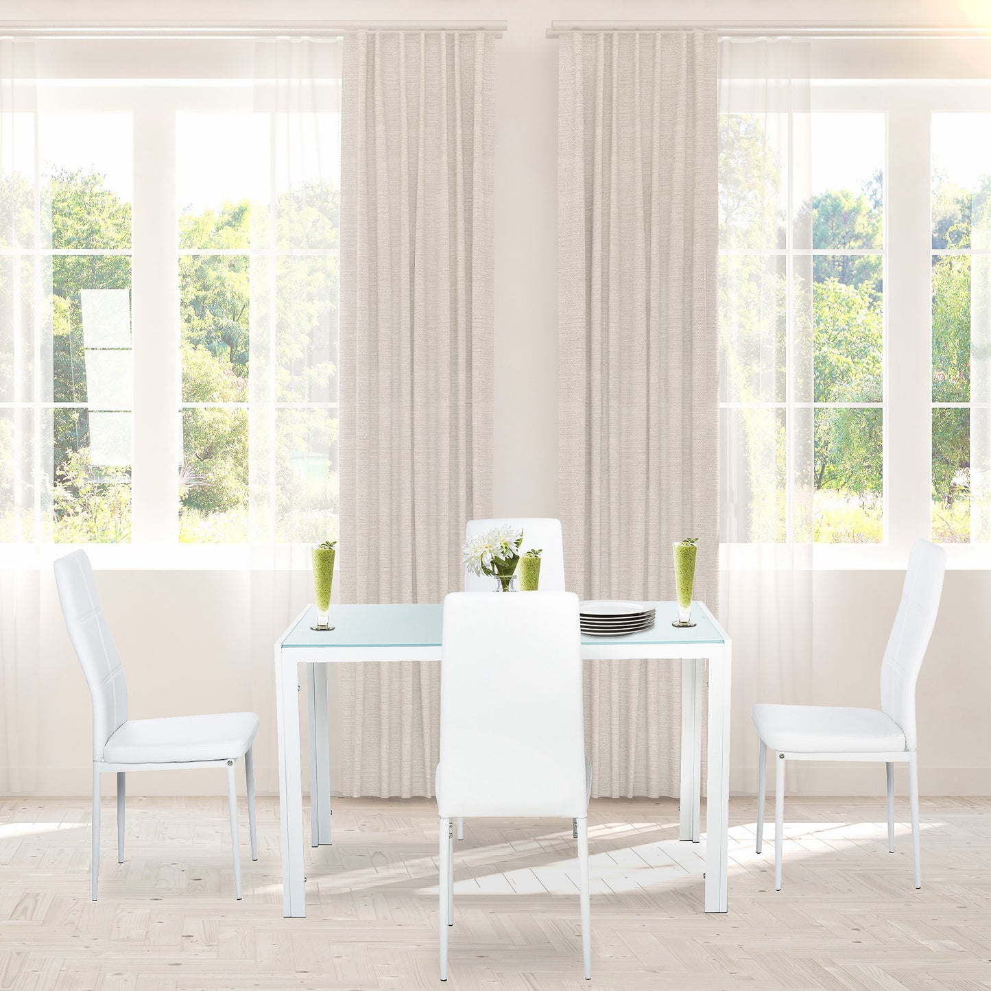 5-Piece Rectangular Glass Kitchen Table and Chairs with Metal Frame and Faux Leather Upholstery for Dining Room, White