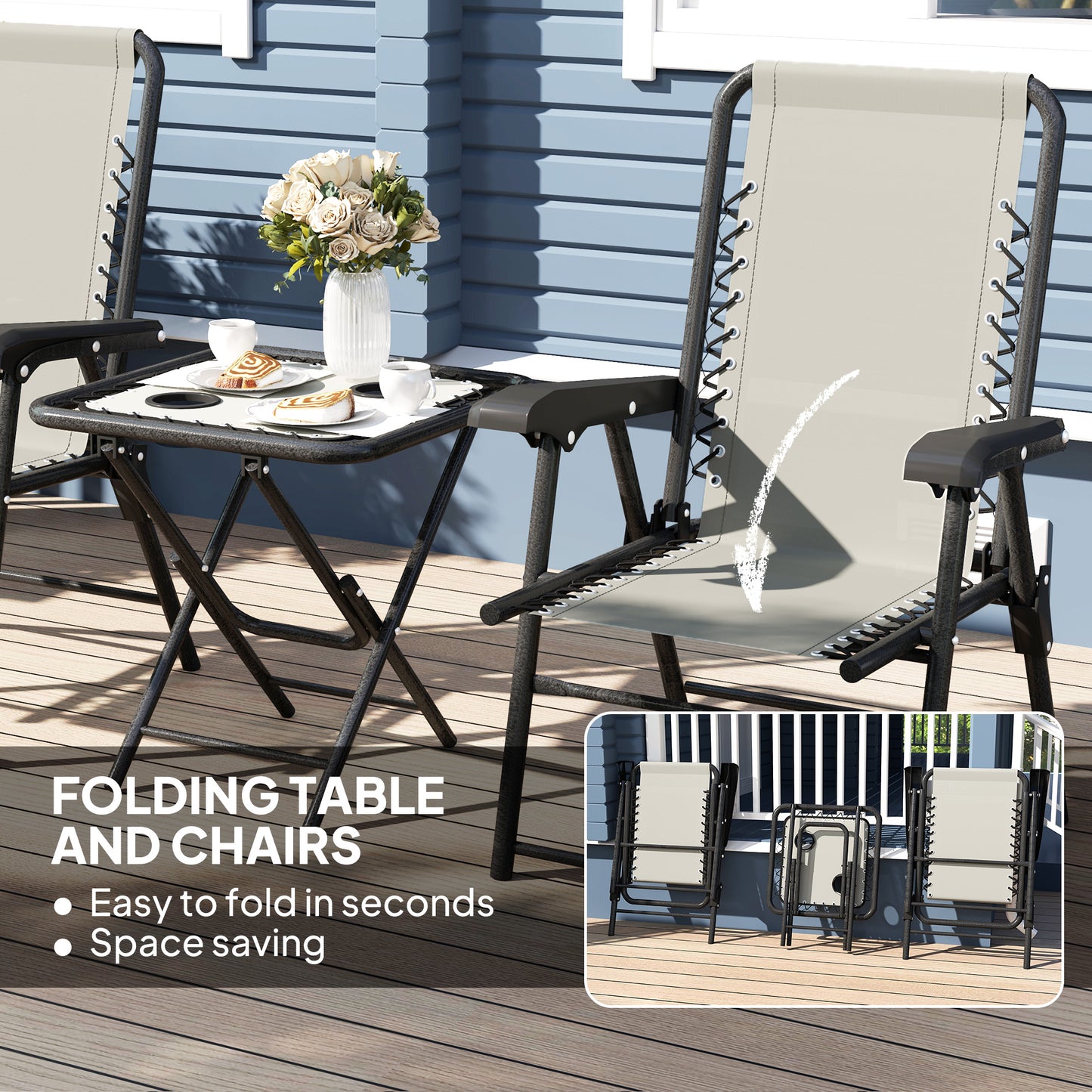 3 Pieces Patio Bistro Set, Outdoor Folding Table and Chairs Set, Metal Patio Furniture Set with Cup Holders