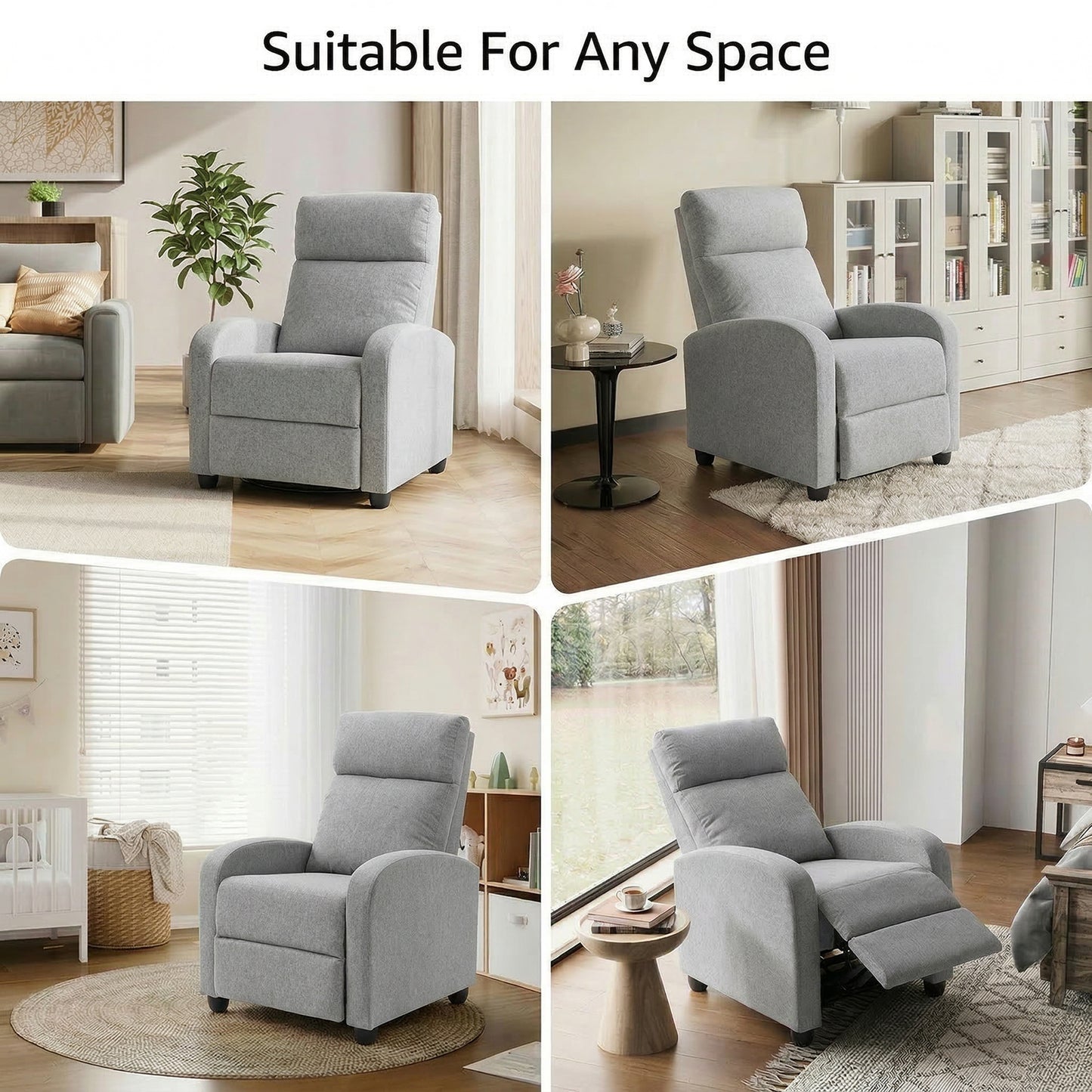 Manual Recliner Single Sofa Chair, Linen-Touch Home Theater Seating Armchair for Living Room, Light Grey
