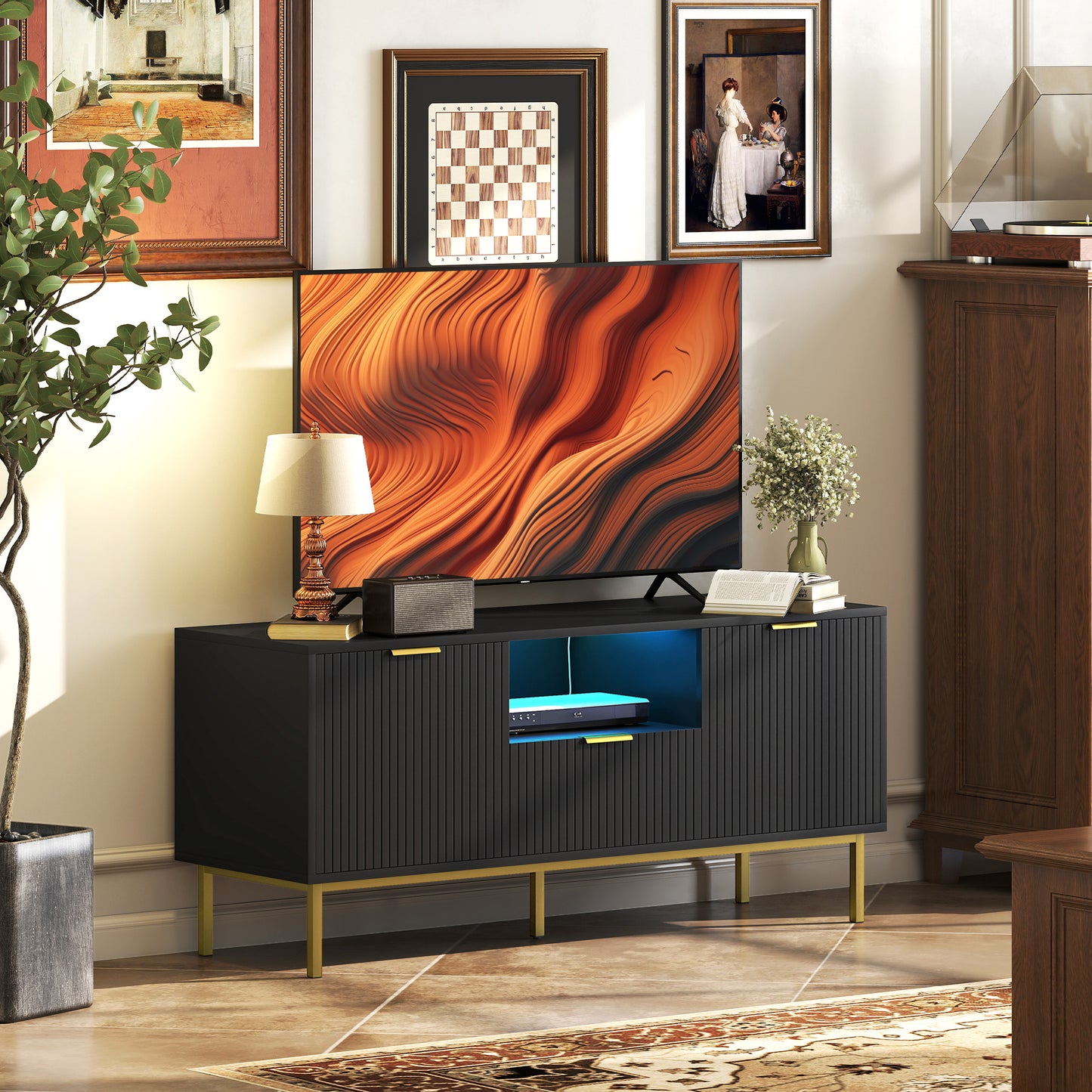 Modern TV Console for TVs up to 50 Inch, Entertainment Center with Smart RGB LED Lights and Soft Close Doors, Black