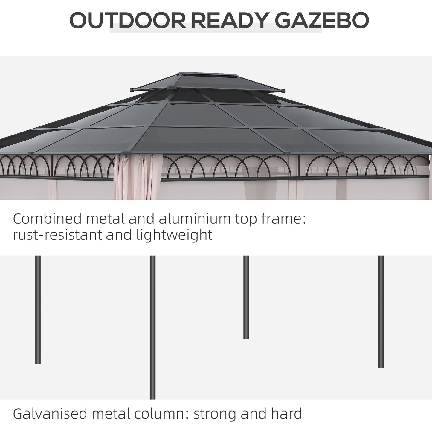 10' x 12' Outdoor Hardtop Gazebo Canopy w/ Double PC Roof, Steel Frame, Nettings, Curtains for Garden Lawn Deck, Khaki