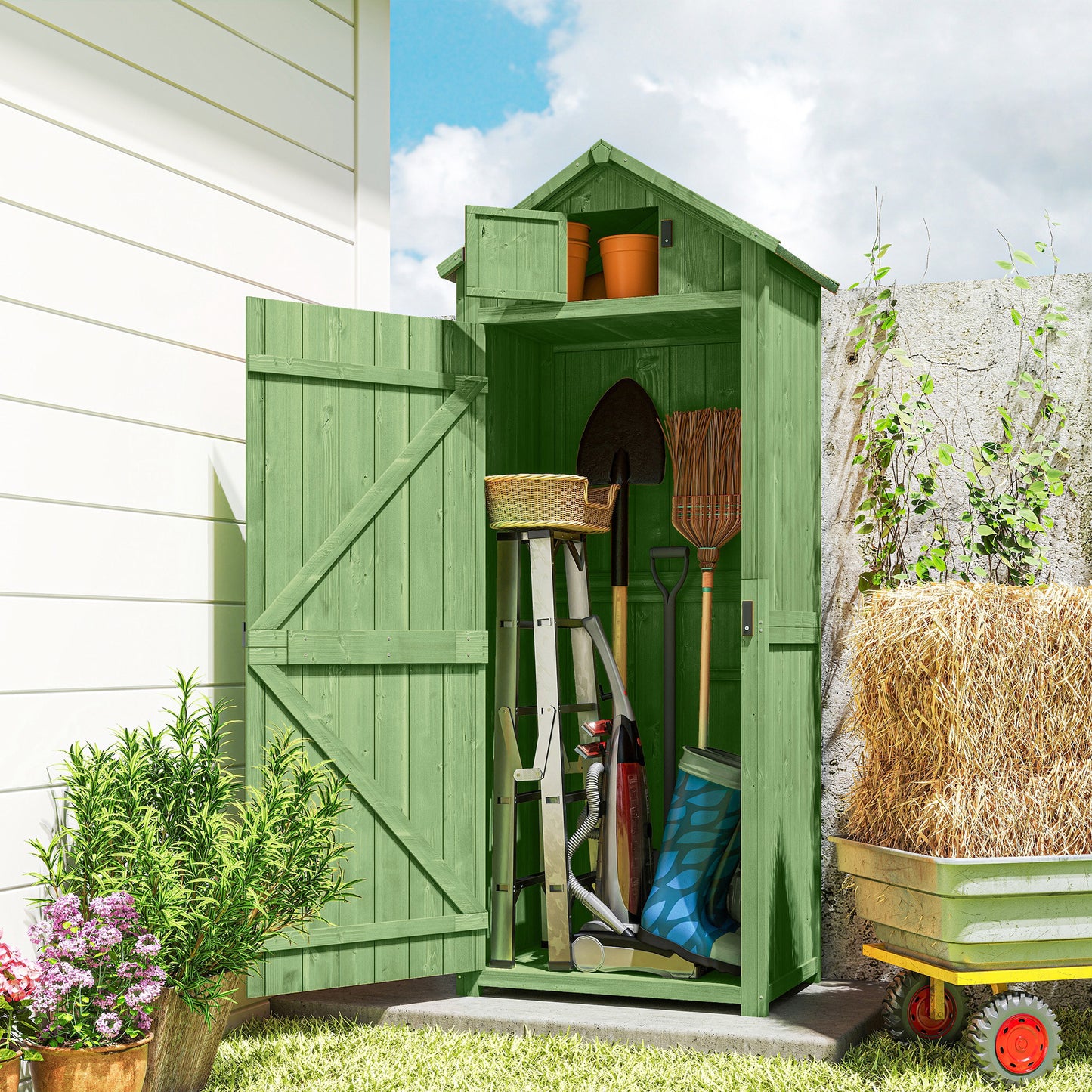 30" x 21" x 71" Garden Storage Shed, Outdoor Tool Utility Storage House with 3 Tier Shelves and Roof, Green