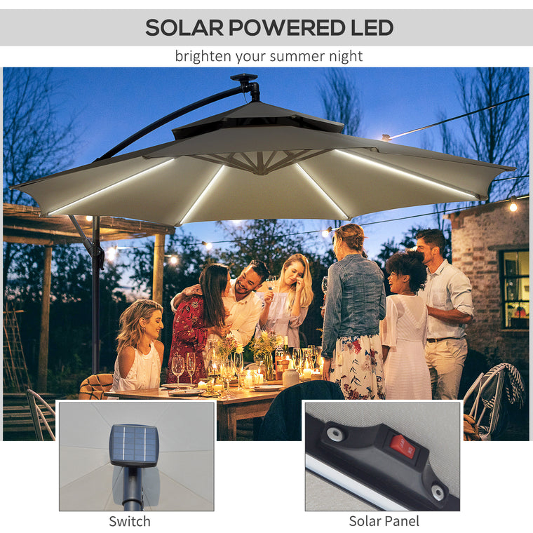 10FT Light Grey Cantilever Umbrella with Solar Lights & Crank