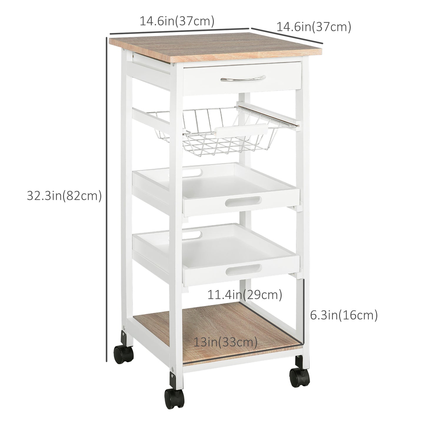 Rolling Kitchen Island Cart, Mobile Utility Storage Cart with Drawer, Wire Storage Basket, Removable Tray, White