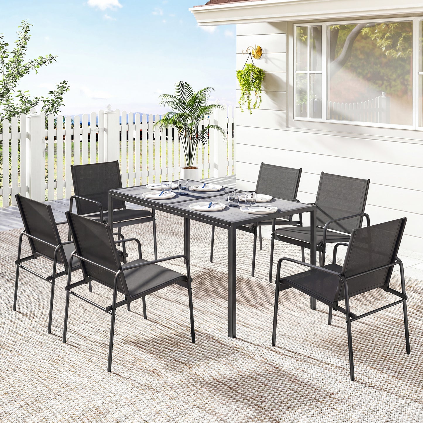 Outdoor Dining Set for 6, Faux Wood Patio Table and Chairs with Breathable Mesh Seat, Galvanized Steel Frame, Black