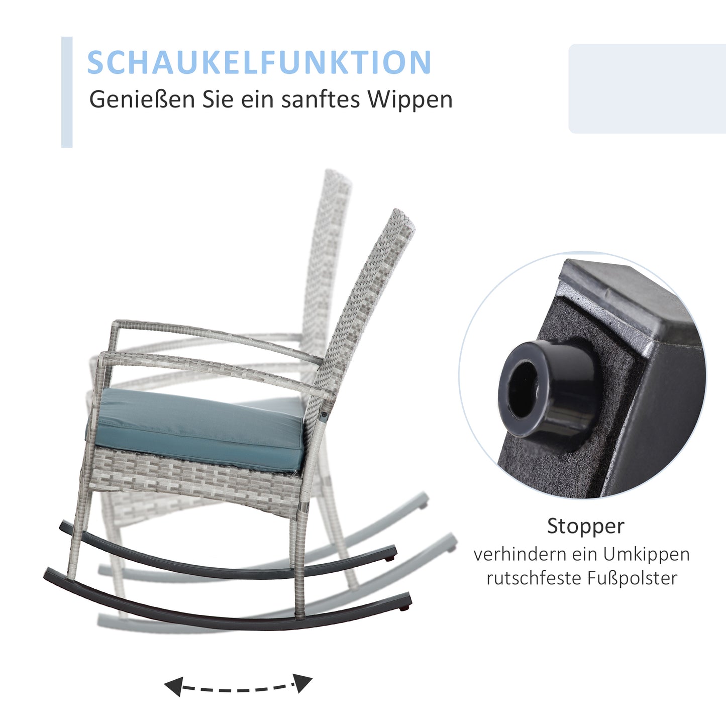 Outdoor PE Rattan Rocking Chair, Garden Glider Rocking Chair, Wicker Patio Chair Set with Armrest and Cushion, Grey